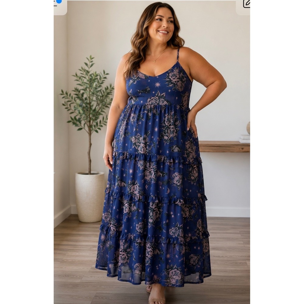 Cosmic Aura Blue Celestial Floral Butterfly Tiered Maxi Dress Plus Size 1X